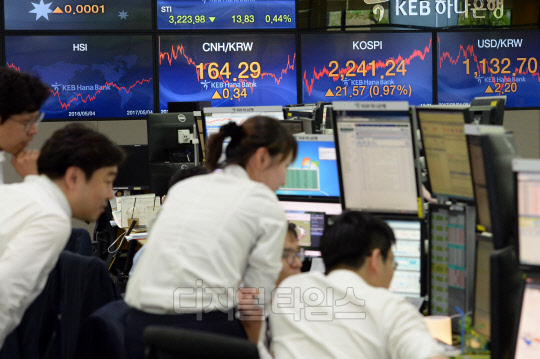 코스피지수가 2241.24까지 오르면서 6년 만에 역대 최고치를 경신한 4일 오후 서울 명동 KEB하나은행 본점 딜링룸에서 직원들이 모여 모니터를 바라보고 있다.  김민수기자 ultrartist@